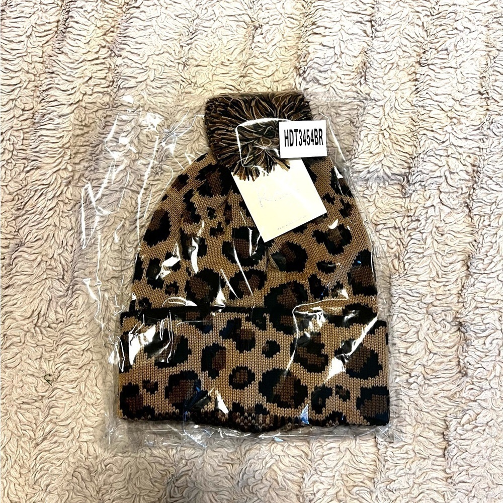 2/$30 - Leopard Print Knitted Pompom Beanie - Picture 4 of 4